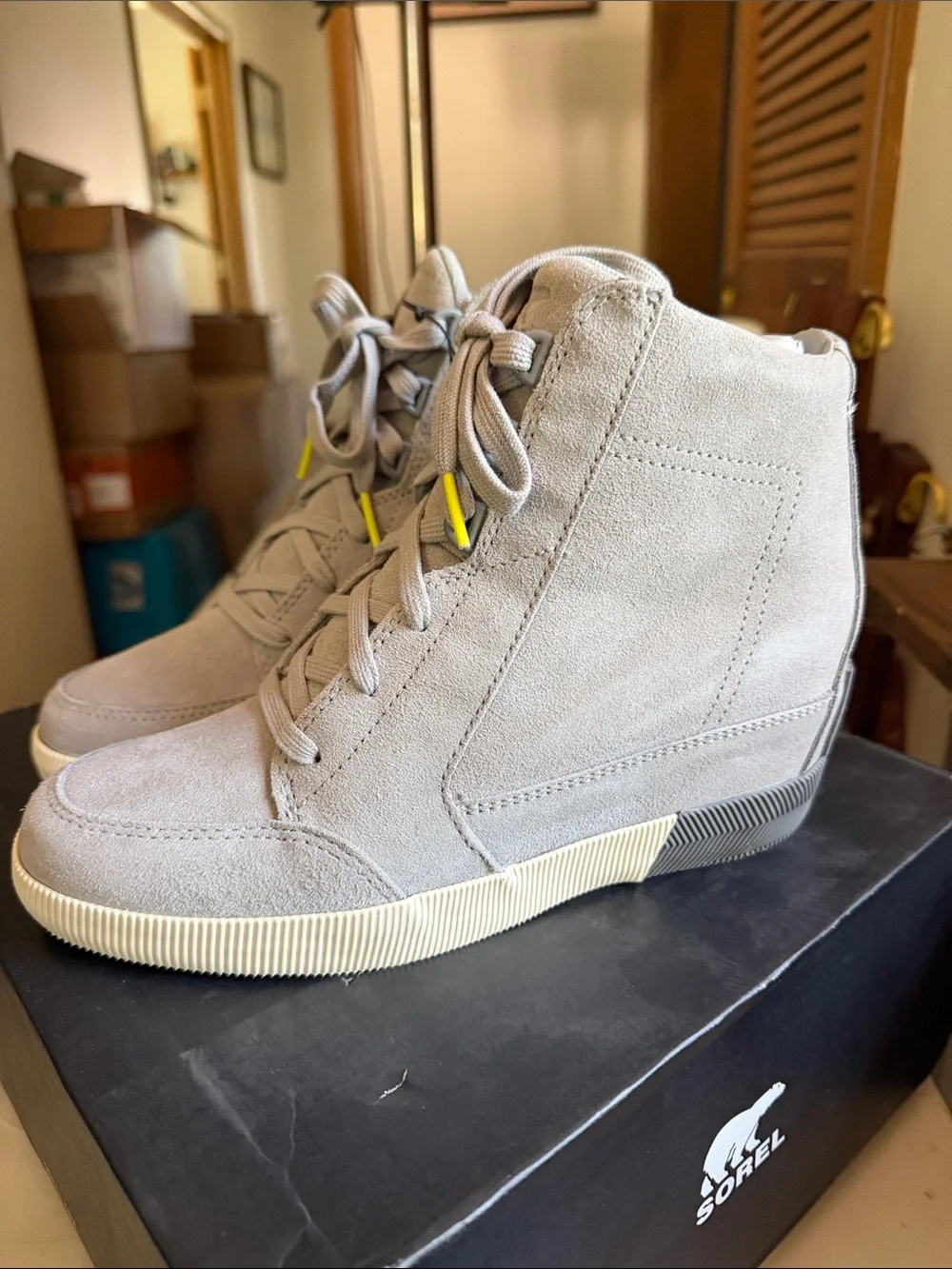 Sorel Out N About Light Gray Suede High-Top Wedge Boots